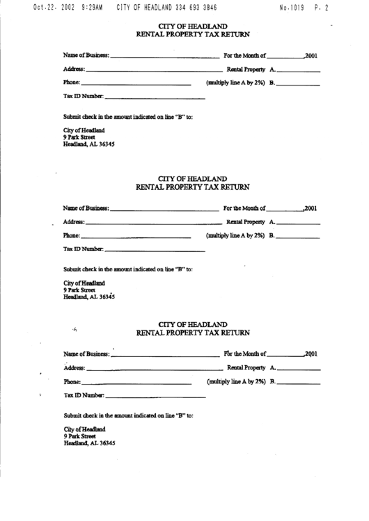 Rental Property Tax Return - City Of Headland- 2001 Printable pdf