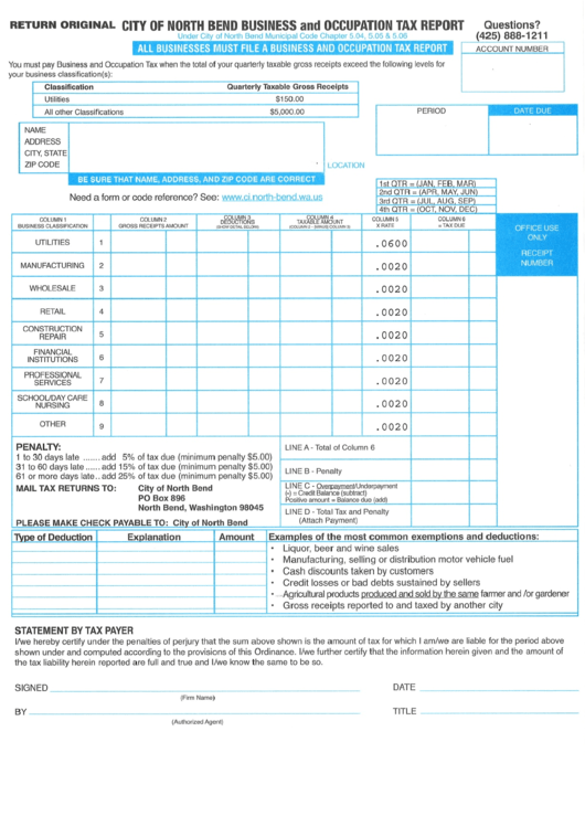 City Of North Bend Business And Occupation Tax Report Printable pdf