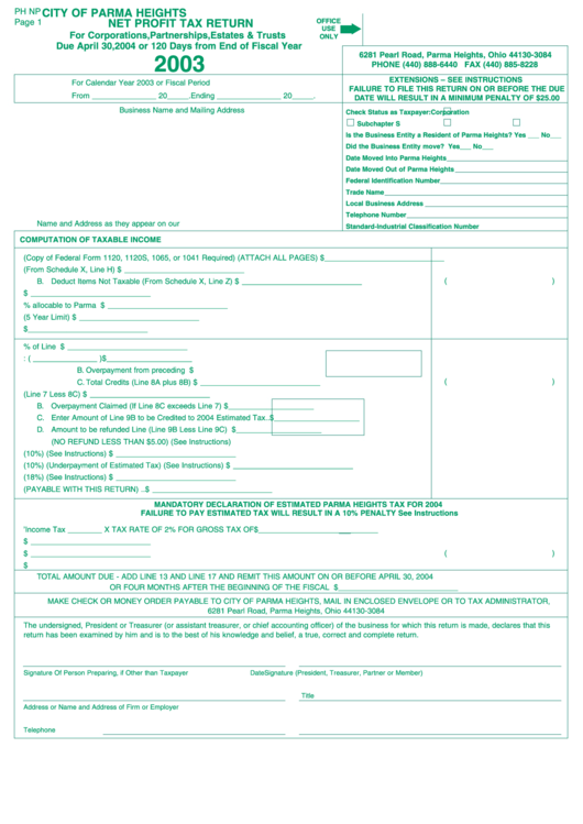 Form Ph Np - Net Profit Tax Return - City Of Parma Heights - 2003 Printable pdf