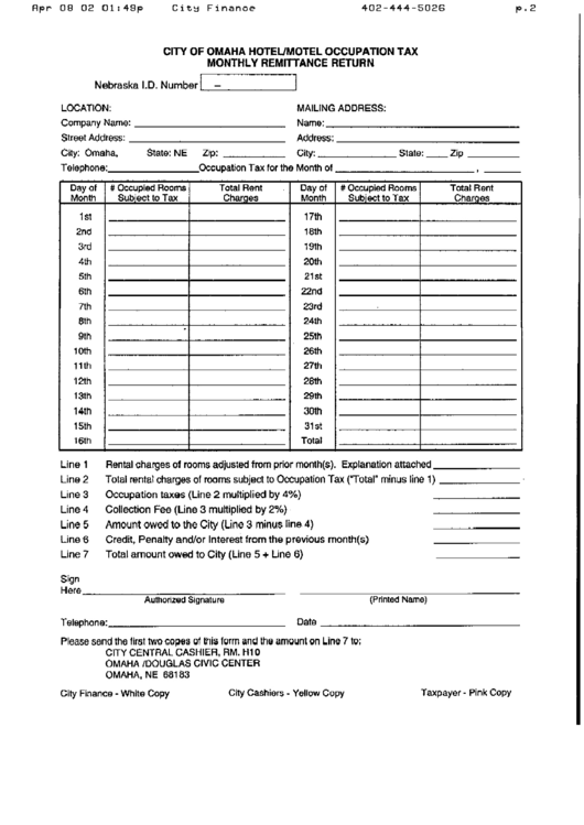 City Of Omaha Hotel/motel Occupation Tax - Monthly Remittance Return Printable pdf