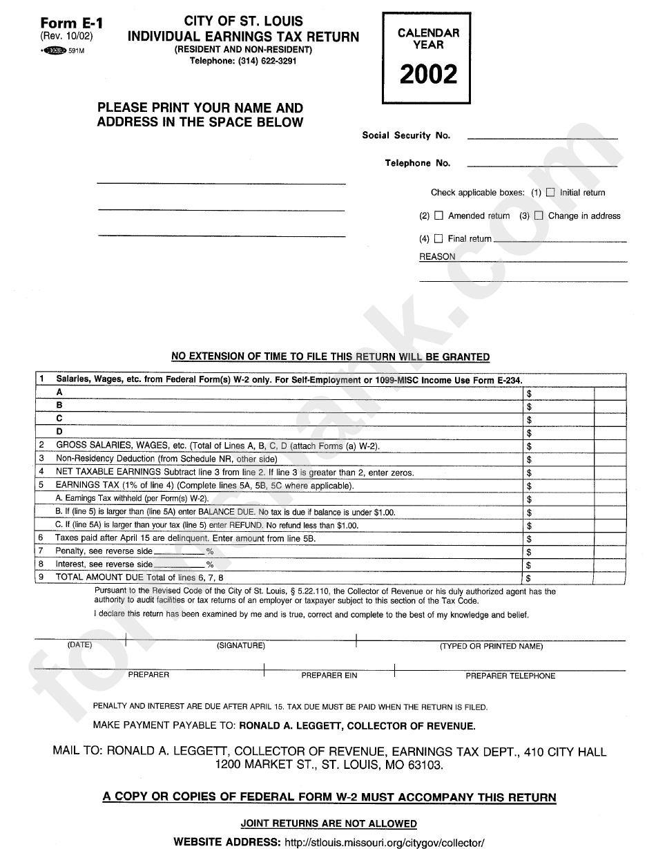 Form E-1 - Individual Earnings Tax Return - City Of St. Louis - 2002