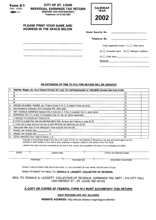 Form E-1 - Individual Earnings Tax Return - City Of St. Louis - 2002 Printable pdf