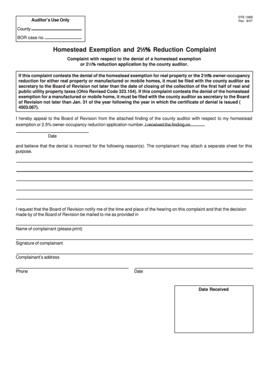 Form Dte 106b - Homestead Exemption And 22% Reduction Complaint Printable pdf