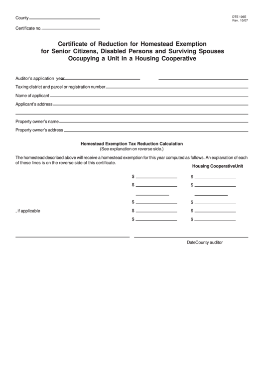 Form Dte 106e - Certificate Of Reduction For Homestead Exemption For Senior Citizens, Disabled Persons And Surviving Spouses Occupying A Unit In A Housing Cooperative Printable pdf