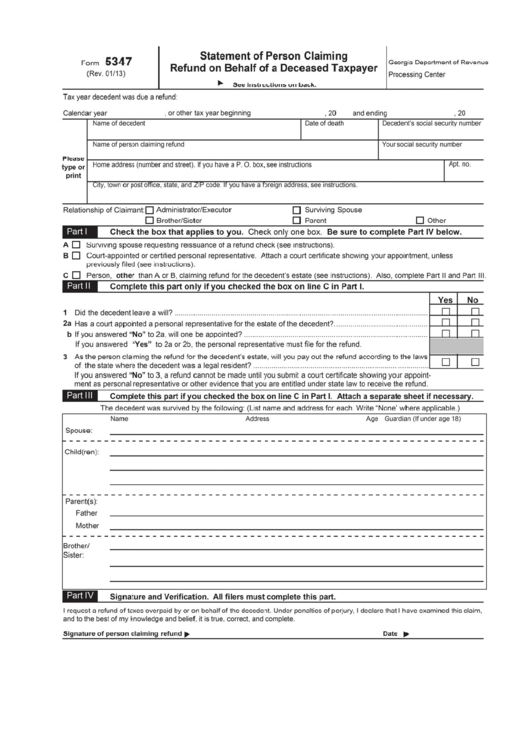 Form 5747 - Statement Of Person Claiming Refund On Behalf Of A Deceased Taxpayer Printable pdf
