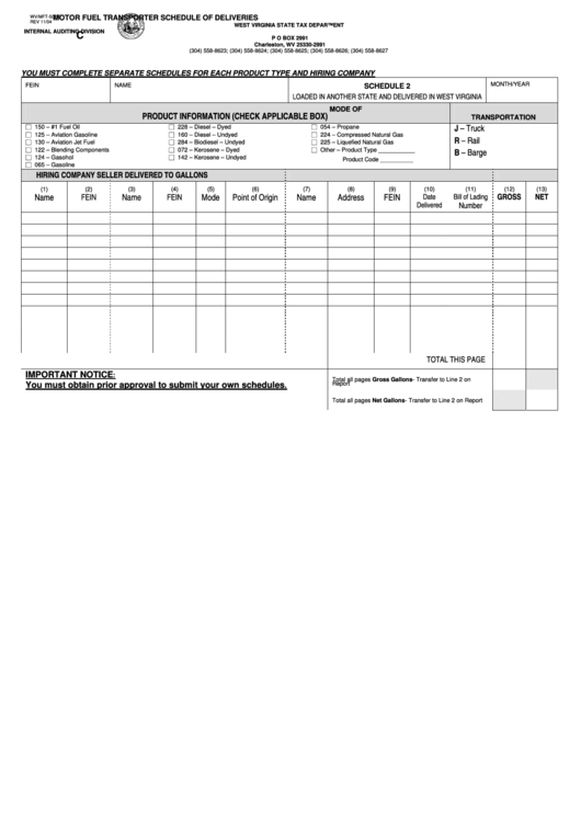 Form Wv/mft-507 B - Motor Fuel Transporter Schedule Of Deliveries - 2004 Printable pdf