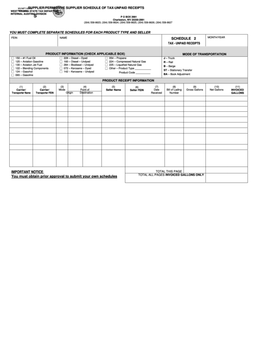 Form Wv/mft-508 B - Importer Schedule Of Tax-Unpaid Receipts - 2004 Printable pdf