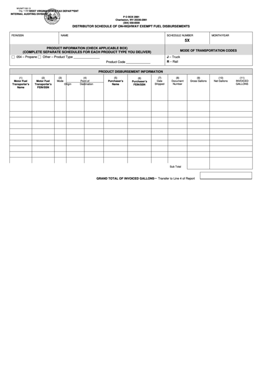 Form Wv/mft-501d - Distributor Schedule Of On-Highway Exempt Fuel Disbursements - 2003 Printable pdf