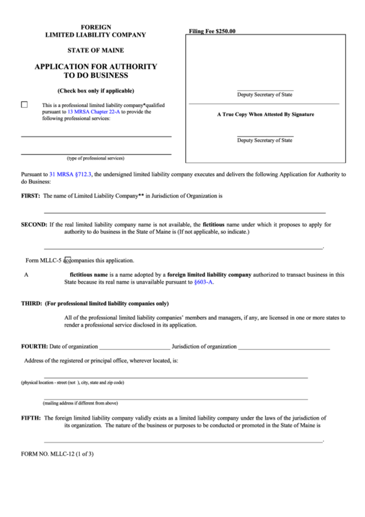 Fillable Form Mllc-12 - Foreign Limited Liability Company Application For Authority To Do Business - 2005 Printable pdf