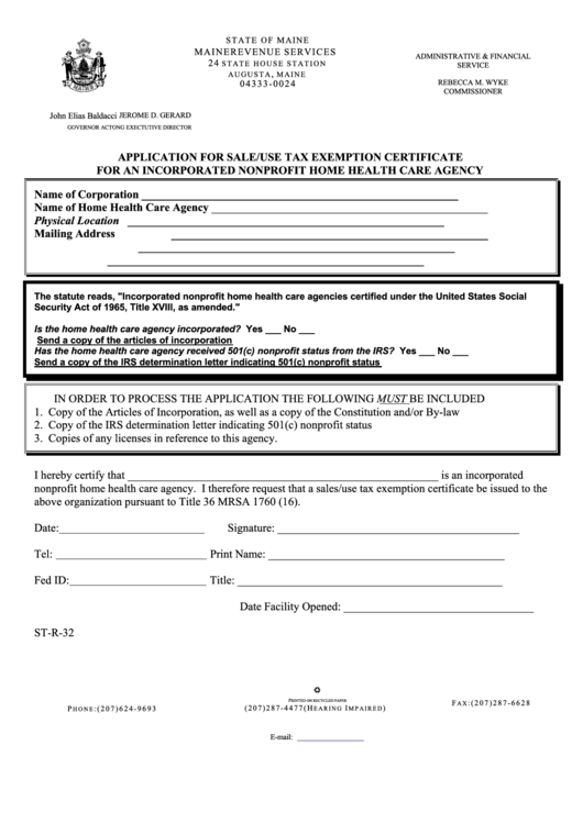Form St-R-32 - Application For Sale/use Tax Exemption Certificate For An Incorporated Nonprofit Home Health Care Agency Printable pdf