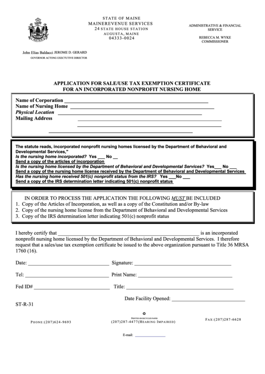 Form St-R-31 - Application For Sale/use Tax Exemption Certificate For An Incorporated Nonprofit Nursing Home Printable pdf