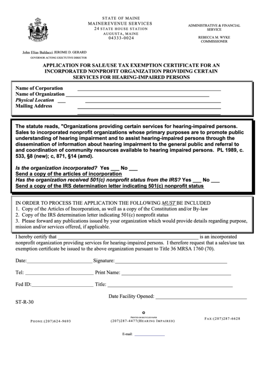 Form St-R-30 - Application For Sale/use Tax Exemption Certificate For An Incorporated Nonprofit Organization Providing Certain Services For Hearing-Impaired Persons Printable pdf
