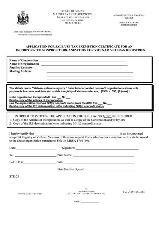 Form Str-29 - Application For Sale/use Tax Exemption Certificate For An Incorporated Nonprofit Organization For Vietnam Veteran Registries Printable pdf