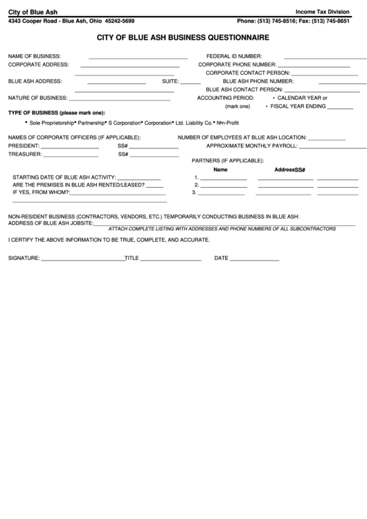 Business Questionnaire - City Of Blue Ash Printable pdf