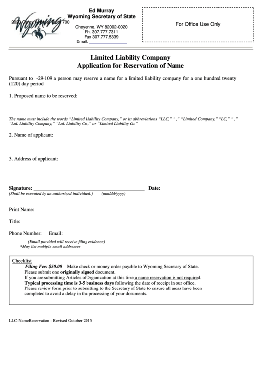 Fillable Limited Liability Company Application For Reservation Of Name - Wyoming Secretary Of State - 2015 Printable pdf