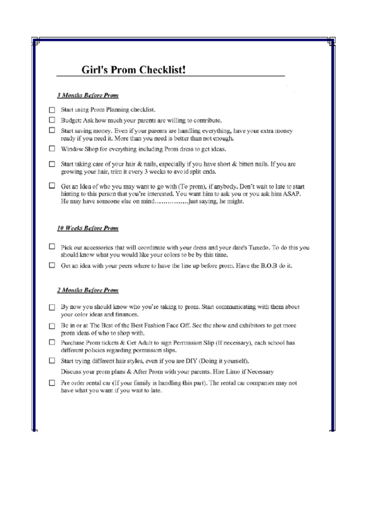Prom Checklist Template Printable pdf