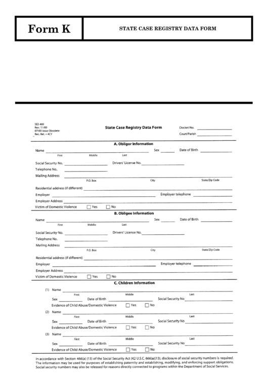 Form K - State Case Registry Data Form Printable pdf