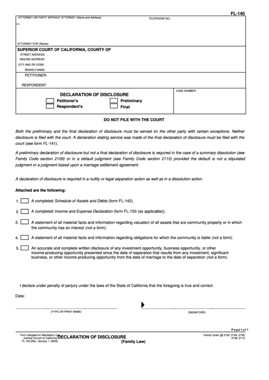 Fillable Form Fl-140 - Declaration Of Disclosure Printable pdf