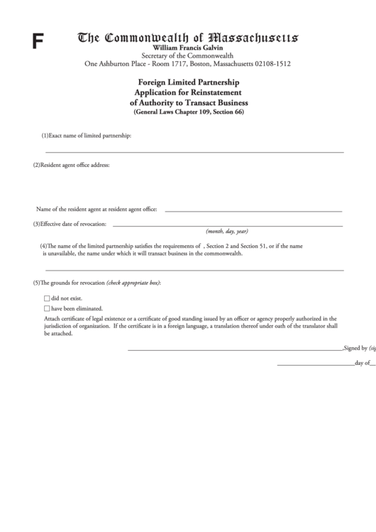 Fillable Foreign Limited Partnership Application For Reinstatement Of Authority To Transact Business Printable pdf
