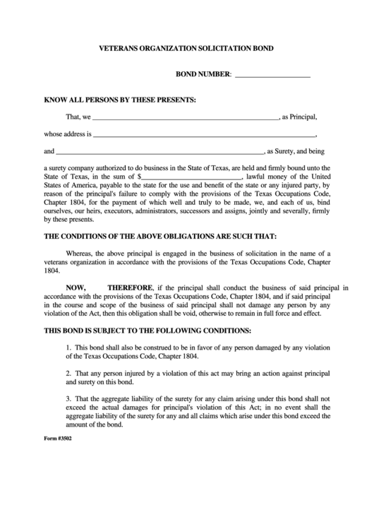 Fillable Form 3502 - Veterans Organization Solicitation Bond Printable pdf