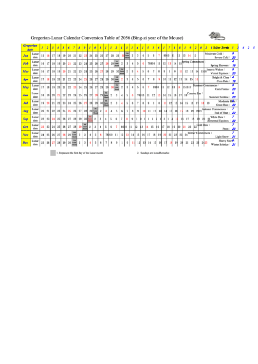 Gregorian-Lunar Calendar Conversion Table Of 2056 Printable pdf
