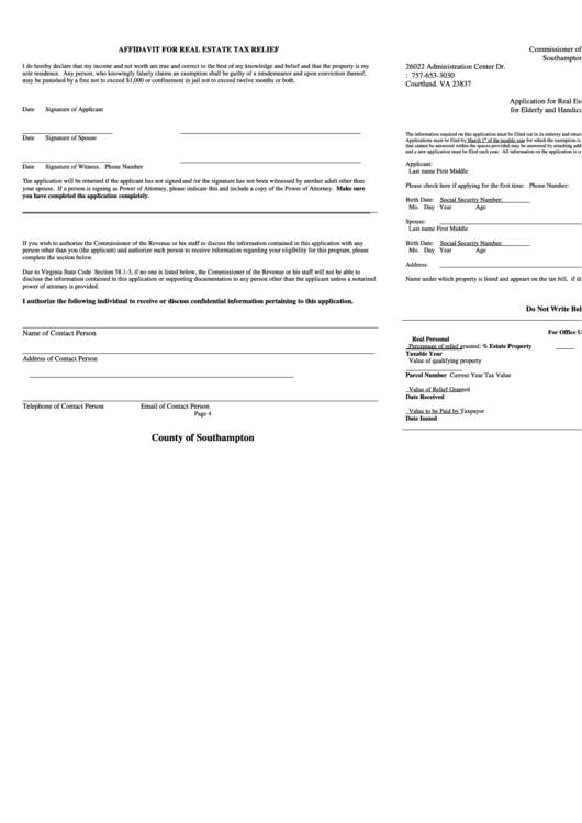 Affidavit For Real Estate Tax Relief printable pdf download