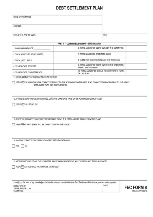 Fec Form 8 - Debt Settlement Plan Printable pdf