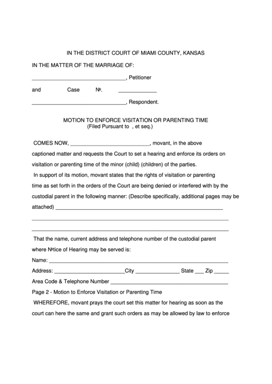 Motion To Enforce Visitation Or Parenting Time Printable pdf