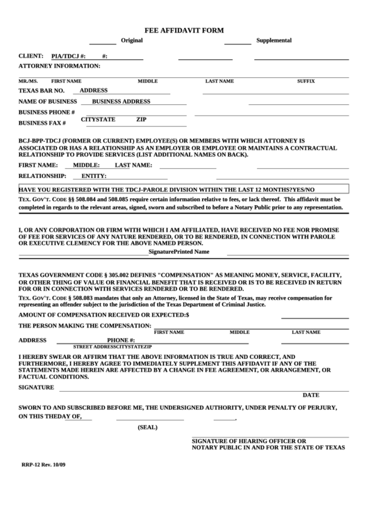 Form Rrp-12 - Fee Affidavit Form Printable pdf