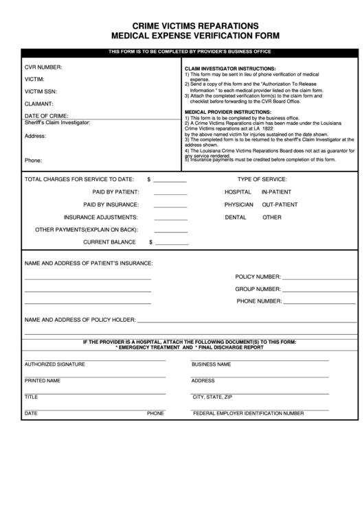 Crime Victims Reparations Medical Expense Verification Form Printable pdf