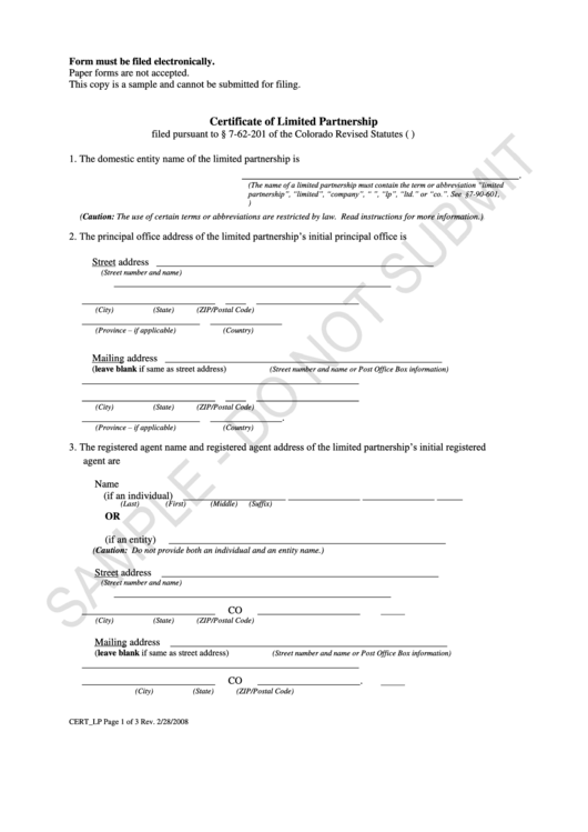 Form Cert_lp Sample - Certificate Of Limited Partnership - Colorado Secretary Of State Printable pdf