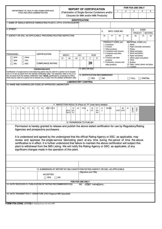 Fillable Form Fda 2359d - Report Of Certification (Fabrication Of Single-Service Containers And/or Closures For Milk And/or Milk Products) Printable pdf