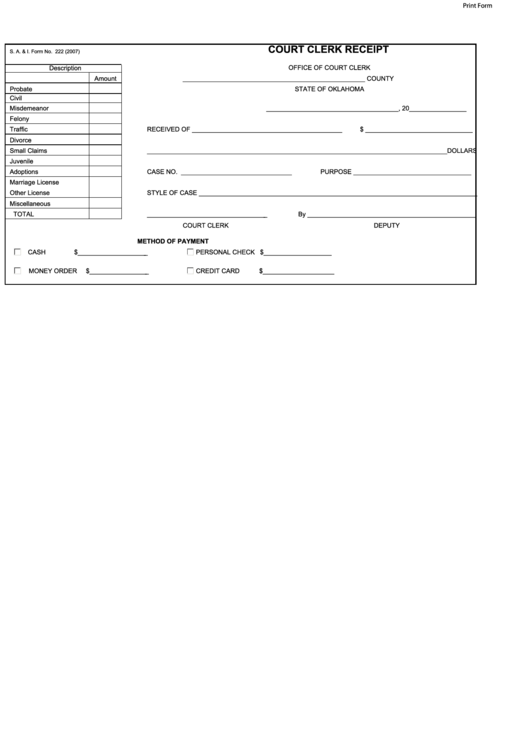Form 222 - Court Clerk Receipt Printable pdf