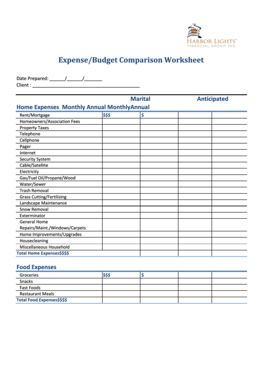 Expense/budget Comparison Worksheet Printable pdf