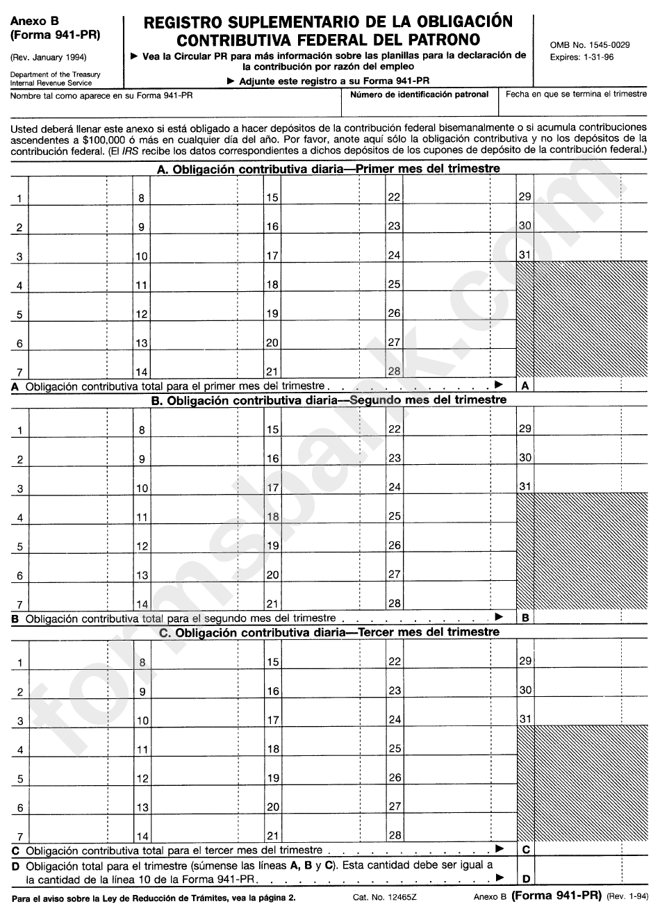 Anexo B (Formulario 941-Pr) - Registro De La Obligacion Contributiva Para Los Depositantes De Itinerario Bisemanal - 1996