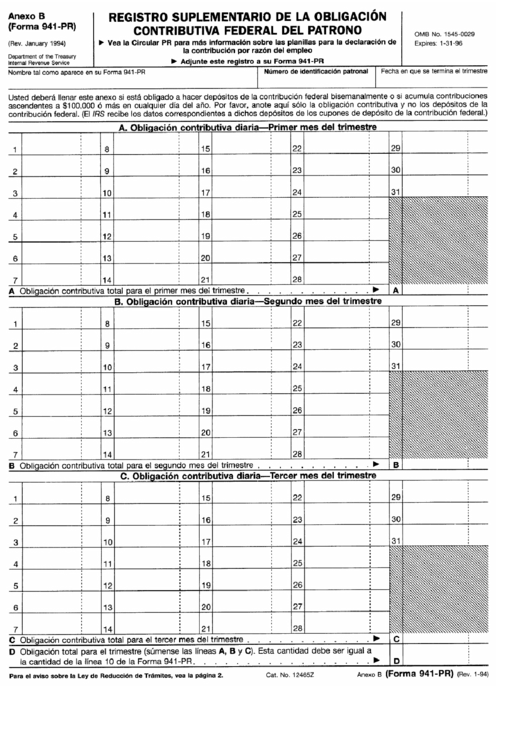 Anexo B (Formulario 941-Pr) - Registro De La Obligacion Contributiva Para Los Depositantes De Itinerario Bisemanal - 1996 Printable pdf