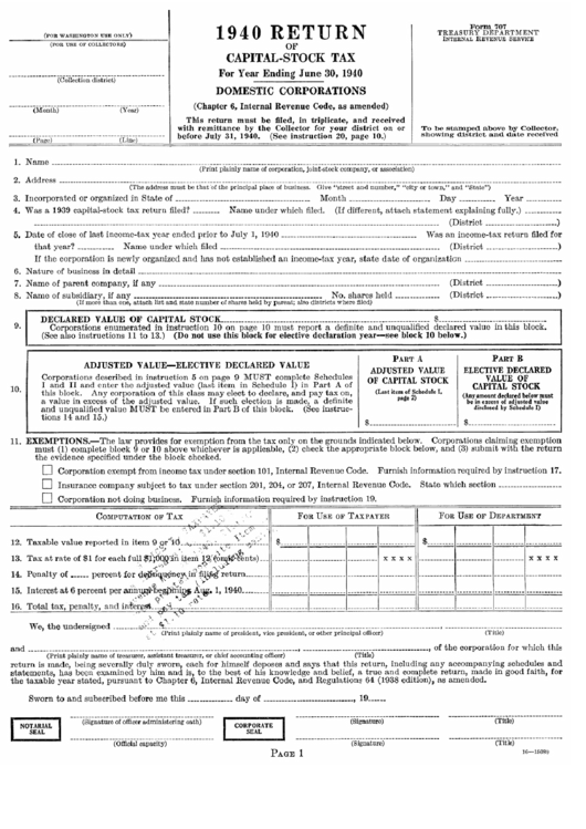 Form 707 - 1940 Return Of Capital-Stock Tax - Treasury Department - Internal Revenue Services Printable pdf