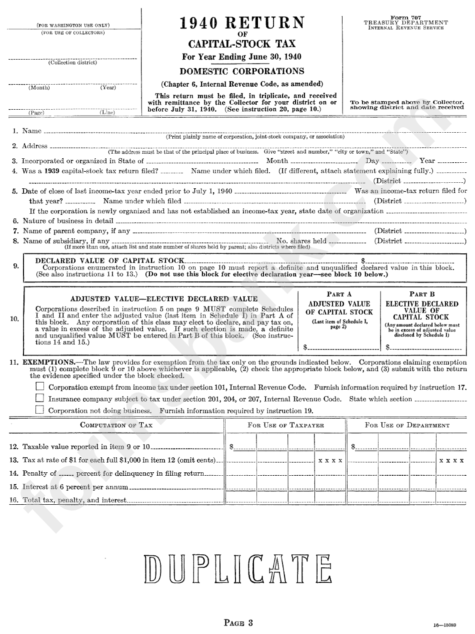 Form 707 - 1940 Return Of Capital-Stock Tax - Treasury Department - Internal Revenue Services