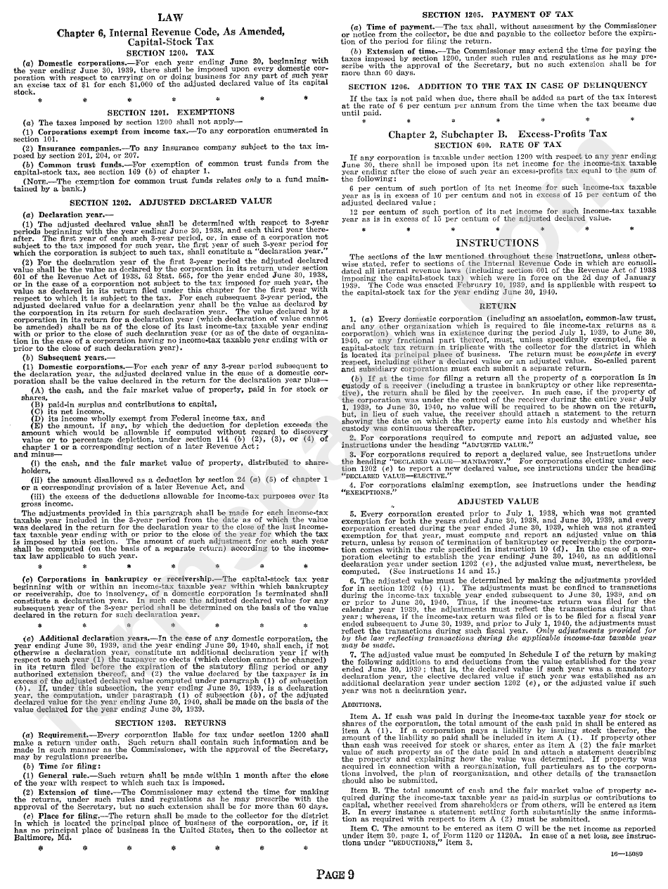 Form 707 - 1940 Return Of Capital-Stock Tax - Treasury Department - Internal Revenue Services
