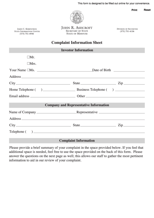 Complaint Information Sheet - Missouri Secretary Of State