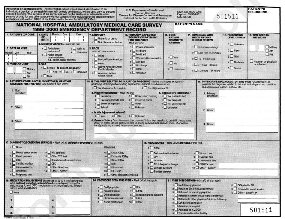 Form Nhamcs-100(Ed) - National Hospital Ambulatory Medical Care Survey 1999-2000 Emergency Department Record