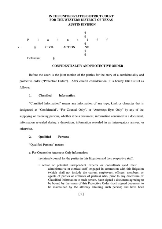 Fillable Confidentiality And Protective Order Printable Pdf Download 2327