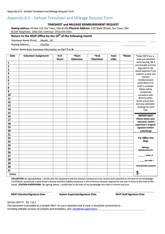 Appendix B.3 - Sample Timesheet And Mileage Request Form Printable pdf