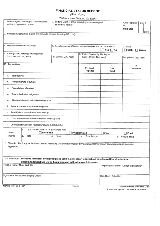 Form 269a - Financial Status Report Printable pdf