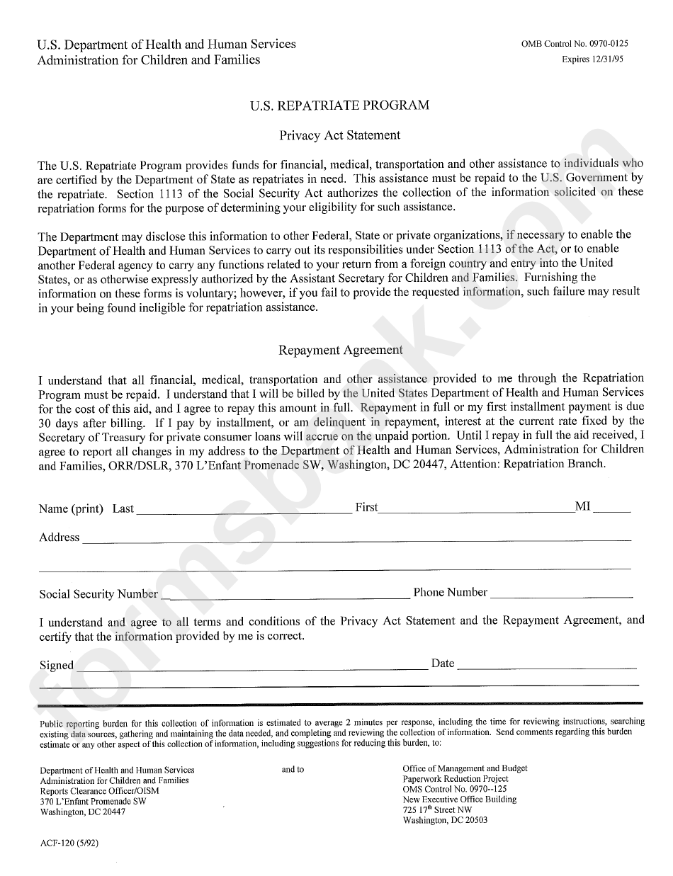 Form Acf-120 - Us Repatriation Program Repayment Agreement