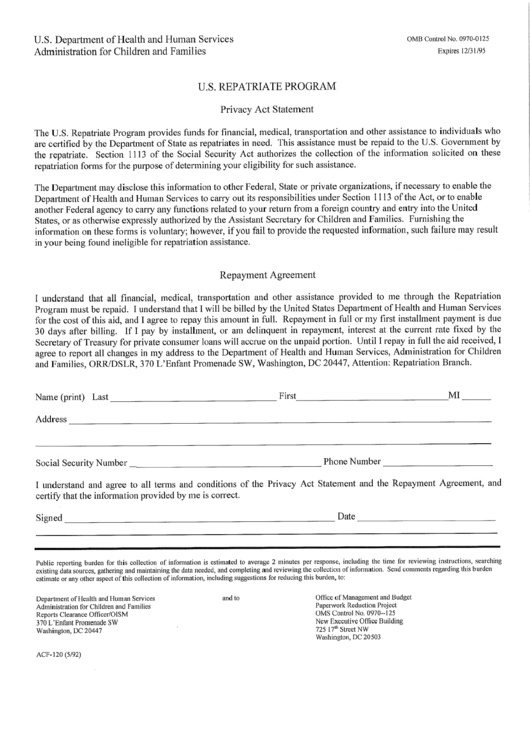 Form Acf-120 - Us Repatriation Program Repayment Agreement Printable pdf