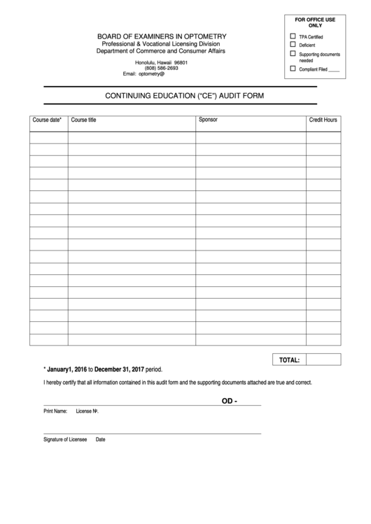 Continuing Education ("Ce") Audit Form - Board Of Examiners In Optometry Printable pdf