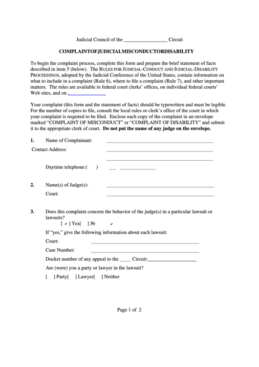 Fillable Complaint Of Judicial Misconduct Or Disability Printable pdf