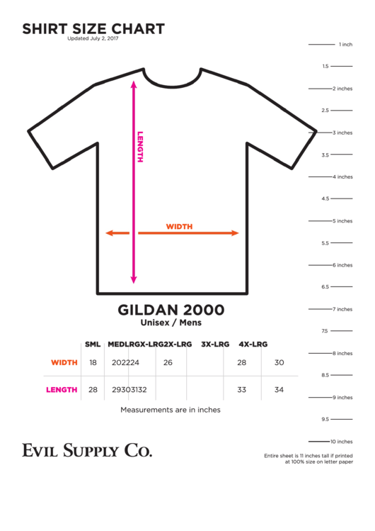 Evil Supply Co. Shirt Size Chart Printable pdf