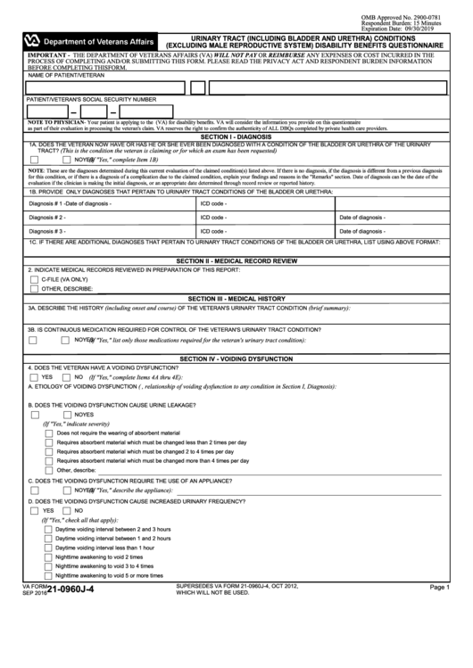Form 21-0960j-4 - Urinary Tract (including Bladder And Urethra) Conditions (excluding Male Reproductive System) Disability Benefits Questionnaire